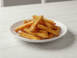a white plate filled with Patat - Thick Dutch fries.