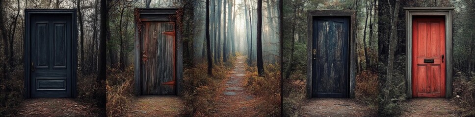 Naklejka premium Four Doors in a Mystical Forest Path