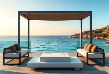 Fototapeta premium Empty modern outdoor sofa overlooking tranquil sea, ample copy space, serenity, peaceful