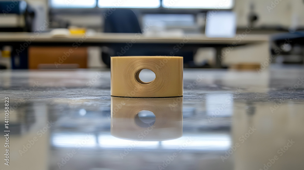 Poster light beige rectangular block with hole on reflective table