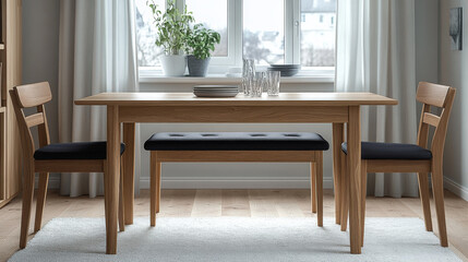modern dining room features light wood table with black cushioned bench and two matching chairs. Natural light streams through window, creating warm and inviting atmosphere