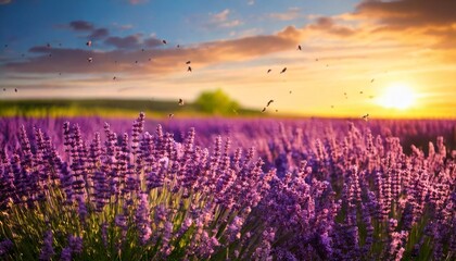 Fototapeta premium Pastel Sunset Over Lavender Field with Bees in Gentle Motion