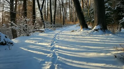 A cold morning walk in the snowy woods with fresh footprints