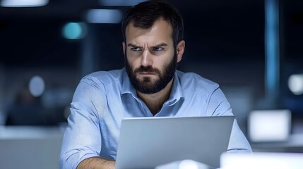 Serious Man Working Late Night on Laptop Computer