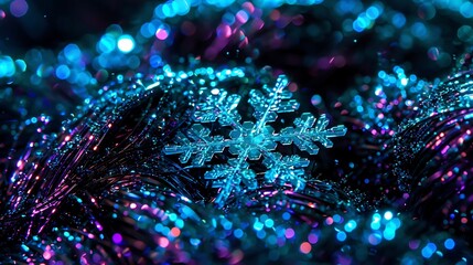 Mesmerizing snowflake against a vibrant backdrop of ethereal lights and textures