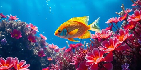 Fototapeta premium Ethereal fish glides amidst vibrant underwater blooms, ample negative space, stock photo, bioluminescent