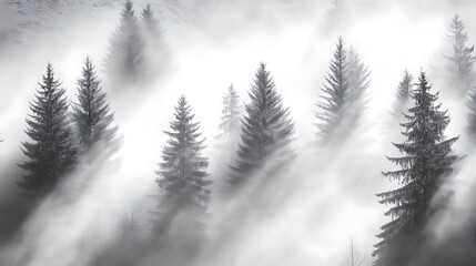 Obraz premium Moody Pines Through Dense Fog, Serene Winter Forest with Mist Texture