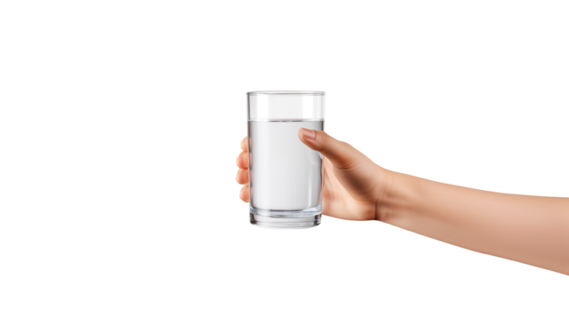 Hand holding glass of milk isolated on black background nutrition diet  isolated on transparent background	