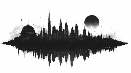 Naklejka premium Modern Urban Skyline Silhouette. Black and White Monochrome Cityscape Featuring City Lights and Cultural Landmarks