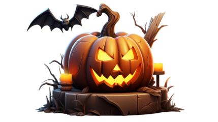 Halloween pumpkin jack o lantern spooky bat holiday season decoration  isolated on transparent background	