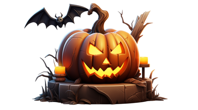 Halloween pumpkin jack o lantern spooky bat holiday season decoration  isolated on transparent background	