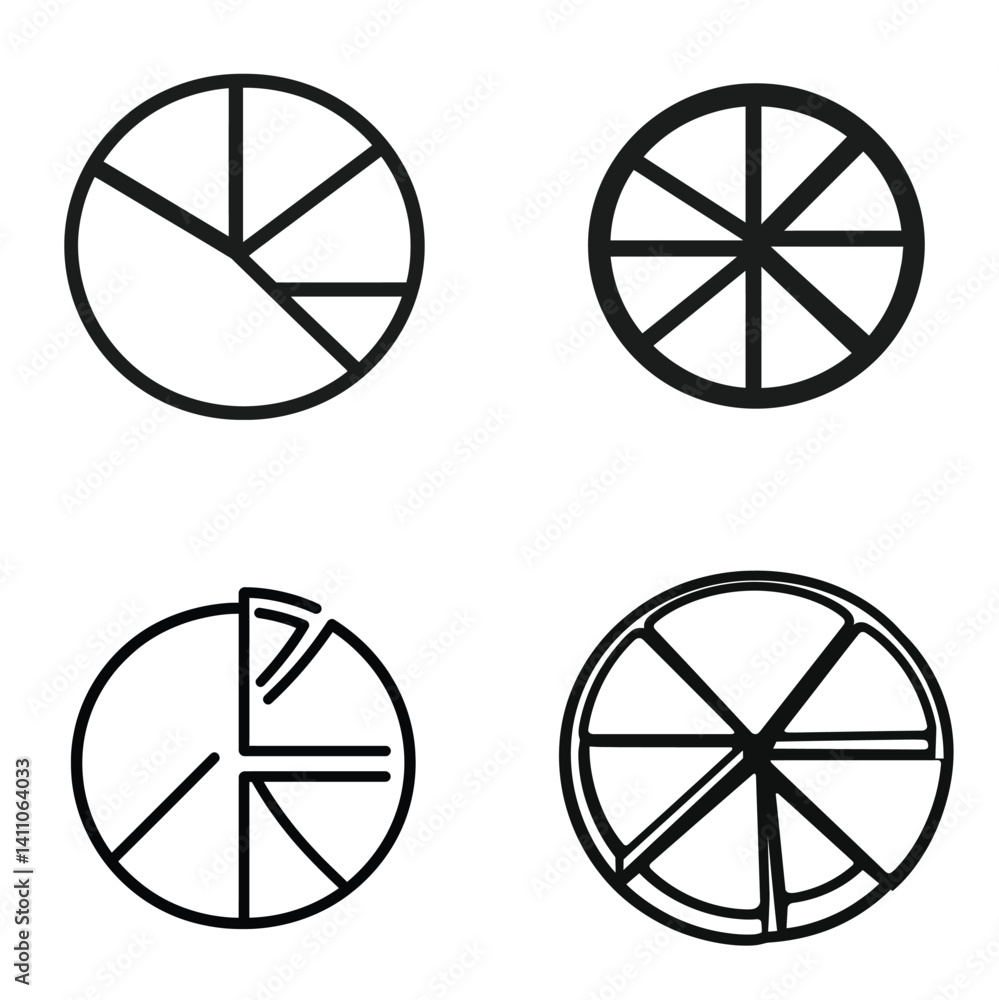Poster circle charts line art, four variations on transparent background data visualizations