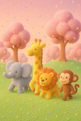 Naklejka premium Elephant, Giraffe, Lion, Monkey, pink trees, pastel colors, sprinkles falling, cheerful mood, whimsical, 3D render