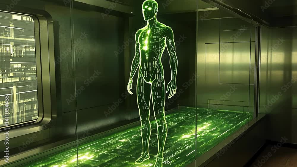 Poster exploring futuristic technology with a holographic human display in a high-tech environment