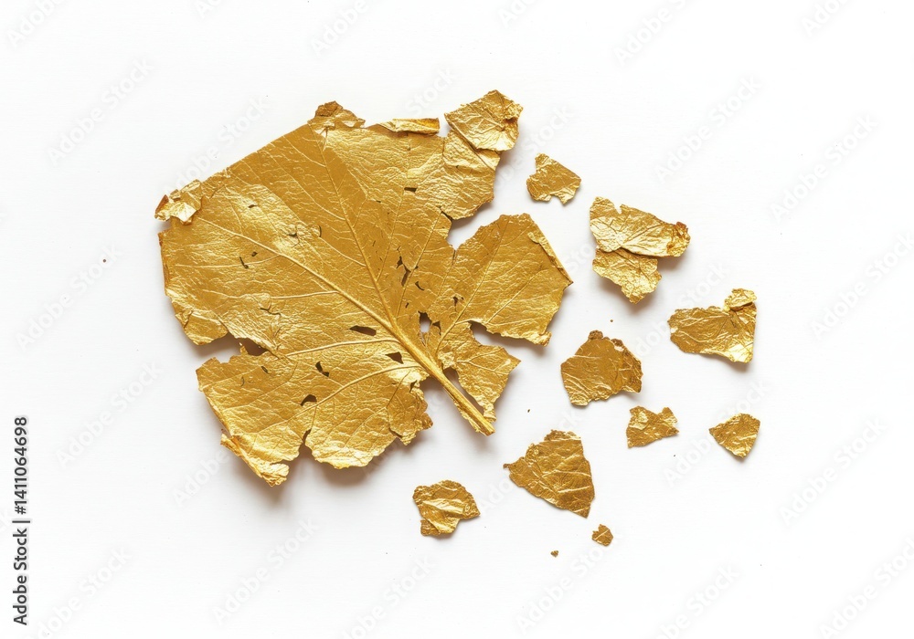 Aufkleber golden leaf and fragments scattered on a white surface creating a shiny and luxurious texture