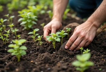 Tender Saplings: Hands Planting in Rich Earth, Serene Gardening Scene