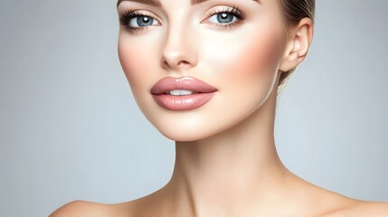 Fototapeta premium Closeup Beautiful Woman Face Portrait Nude Makeup Natural Lips