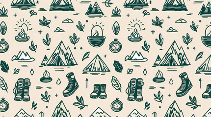 doodle line art of mountains and hiking equipment in soft pastel hues for social media content inspiring outdoor exploration and adventure premium pattern illustration design
