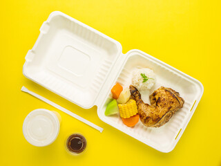 Hearty Takeout Meal in Disposable Tray – Grilled Chicken with Rice and Steamed Vegetables...