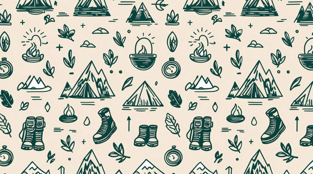 doodle line art of mountains and hiking equipment in soft pastel hues for social media content inspiring outdoor exploration and adventure premium pattern illustration design
