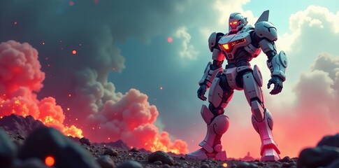 Fototapeta premium A futuristic mech warrior figure standing tall in battle, battle, weapon, technology