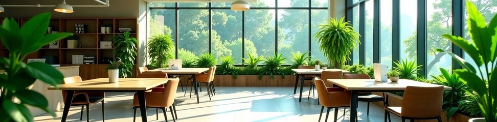 Fototapeta premium A modern office space filled with lush green indoor plants, creating a calming and productive environment, lush, environment, modern