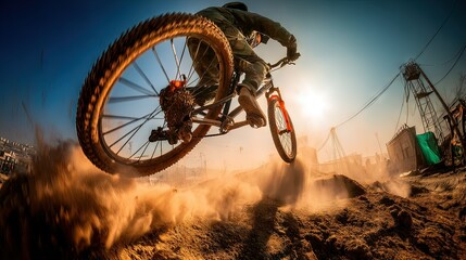 Mountain Biker Soaring Through Dusty Terrain at
