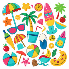 Minimalist Summer Beach Icon Set Different Colorful And Silhouette Style On A White Background