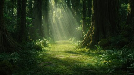 Obraz premium Serene Forest Pathway with Sunlight Streaming Through