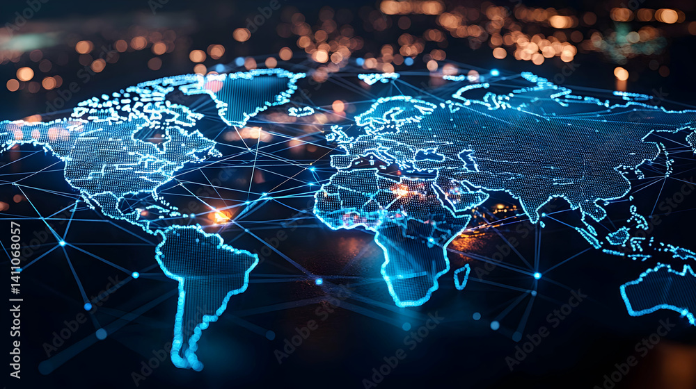 Poster global network map with illuminated connections