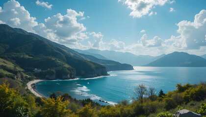 Lake view with mountains.