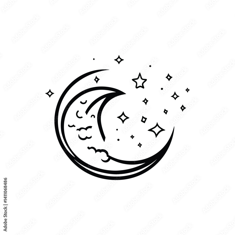 Poster crescent moon with clouds and stars design isolated on transparent background