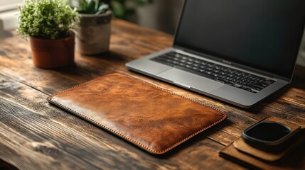 Stylish workspace featuring a laptop, leather case and succulent on rustic table
