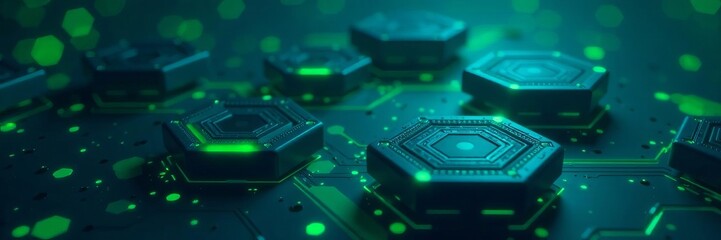 Geometric tech innovation concept with hexagon shapes in blue and green, design, tech, vector
