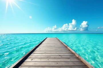 Obraz premium Idyllic wooden dock stretching into clear blue ocean under sunny sky, scenery, water, vacation