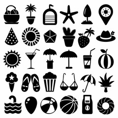 Minimalist Summer Beach Icon Set Different Colorful And Silhouette Style On A White Background