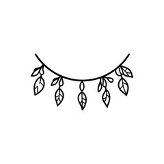 Decorative Leaf Garland, Black Outline Design with Transparent Background