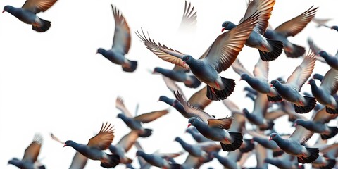 Groups of pigeons in flight, isolated on white Clipping path included, bird in flight, nature