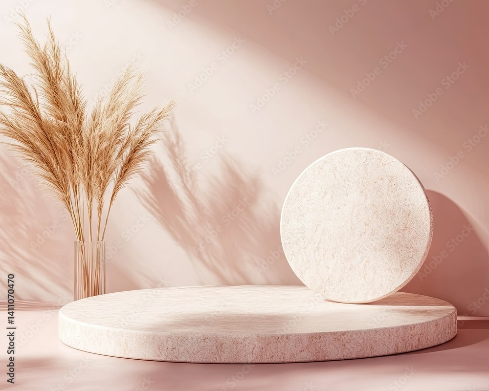 Poster a serene and minimalist display featuring two textured circular platforms on a soft pink surface. ac