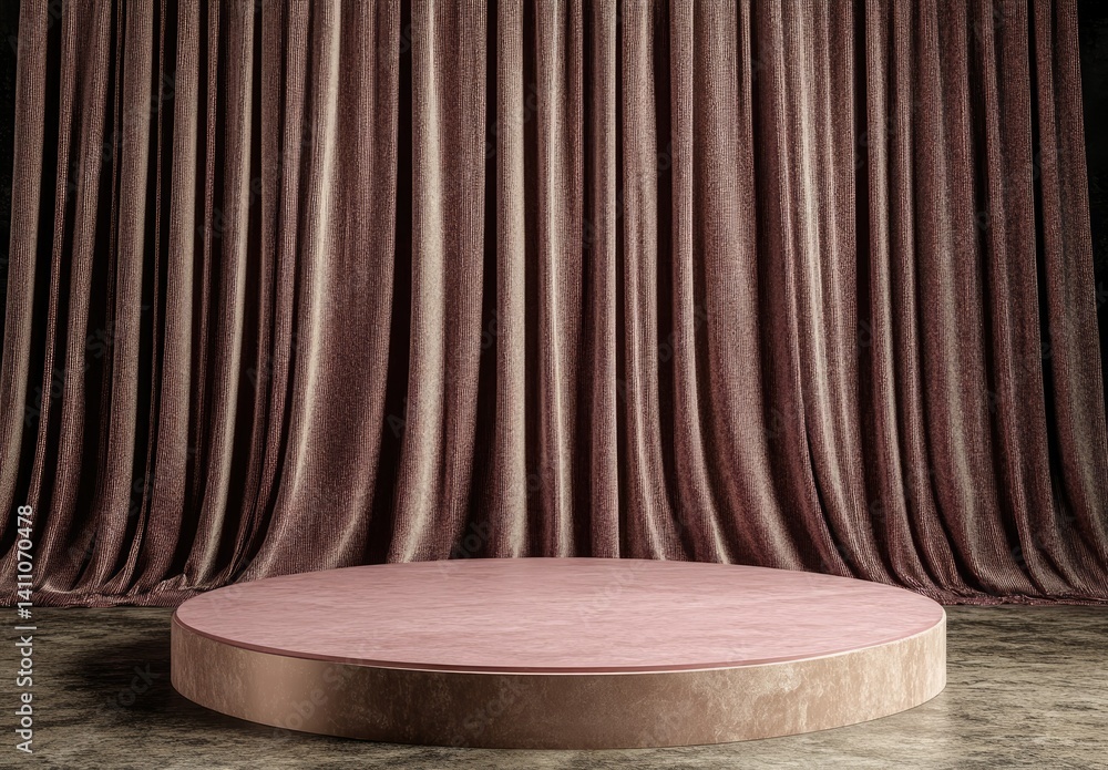 Poster a vibrant stage setup with shimmering pink curtains and a circular platform. ready for a performance