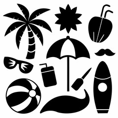 Minimalist Summer Beach Icon Set Different Colorful And Silhouette Style On A White Background