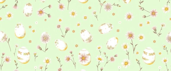 Hand-drawn mint green seamless pattern featuring eggs and spring flowers Ideal for wrapping paper, textiles, stationery, vector, seamless pattern