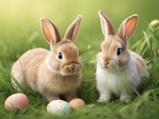Fototapeta premium Rabbits. Art Design of Cute Little Easter Bunnies in the Meadow 