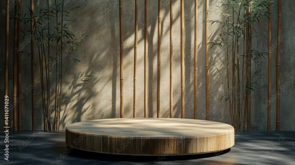 Poster a serene bamboo display on a wooden platform against a softly lit. textured wall. creating a calming