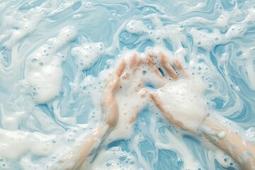 Woman's Hands Soapy Water Bubbles Light Blue Swirls Texture Refreshing Clean