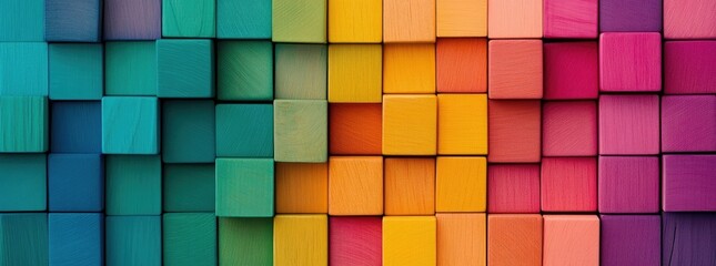 A vibrant arrangement of colorful wooden blocks in various shades. meticulously organized in a grid pattern. showcasing creativity and playfulness in a bright. cheerful setting