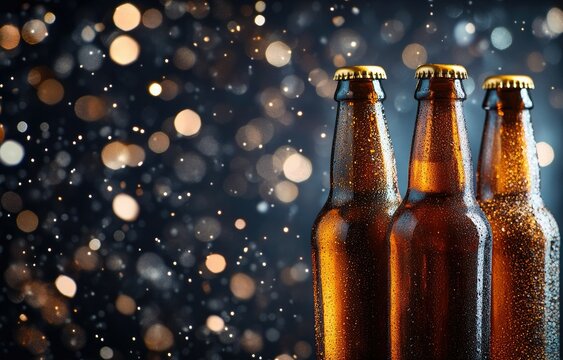 A close-up view of chilled beer bottles with condensation. set against a sparkling bokeh background. creating a festive atmosphere perfect for celebrations and gatherings