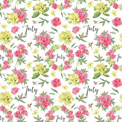 Watercolor seamless pattern with circle frame and lettering July. Bouquet flower rhododendron and peony on white background. Wildflower for calendar. Aroma herb. Botanical for wallpaper or wrapping