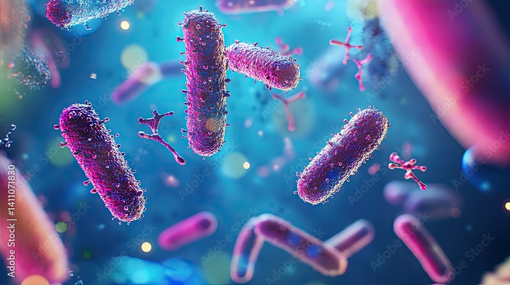 Poster a vibrant microscopic view of colorful bacteria floating in a dark environment. showcasing their uni