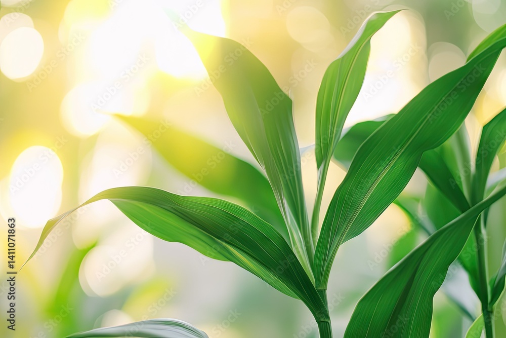 Poster lush green leaves gently swaying in a serene environment. with a soft. blurred background of natural